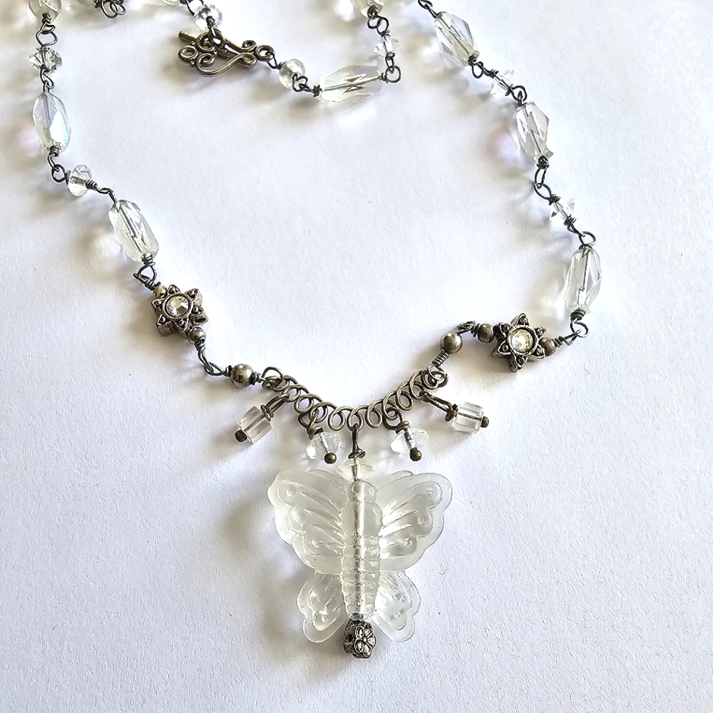 Handmade butterfly necklace beaded insect bug clear silver tone moth